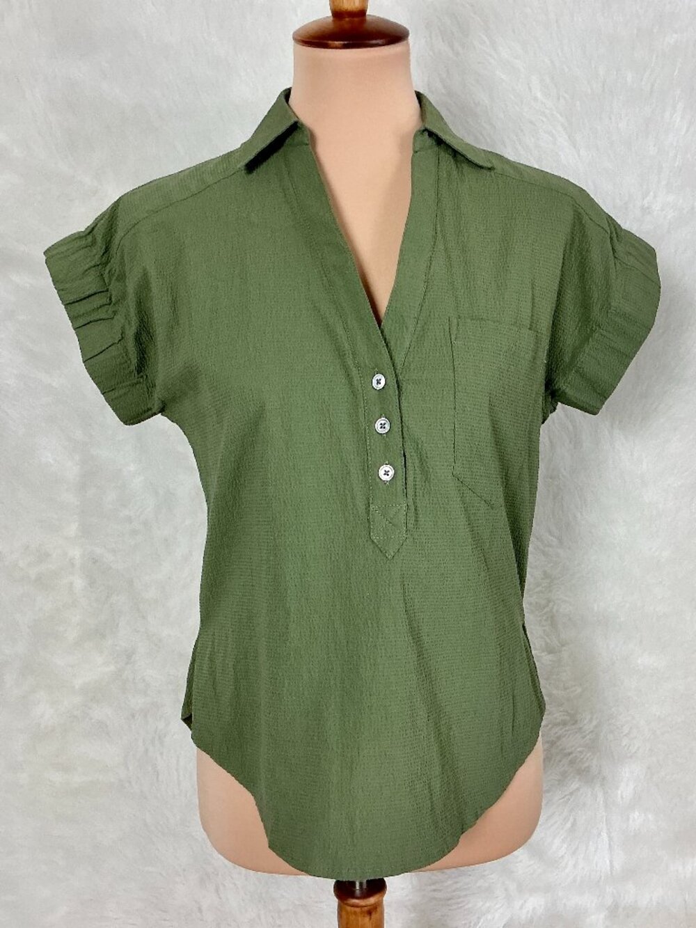 Veronica Beard Green Almera Seersucker Stretch Cotton Collared Top XS